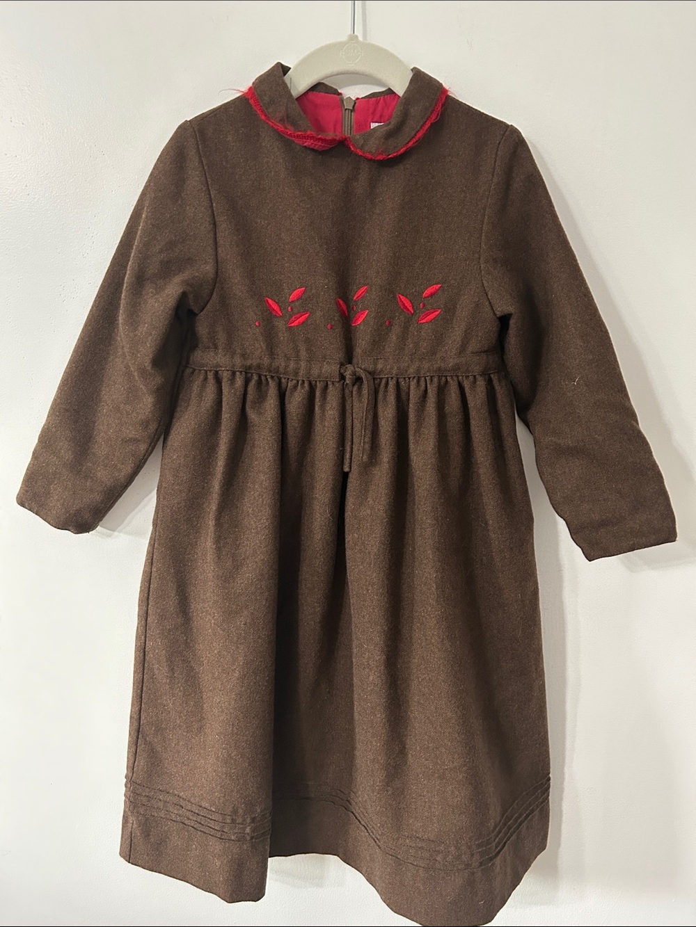 Jacadi Paris Girls Dress Brown Wool Prairie Delicate Red Trim Embroidered Leaves